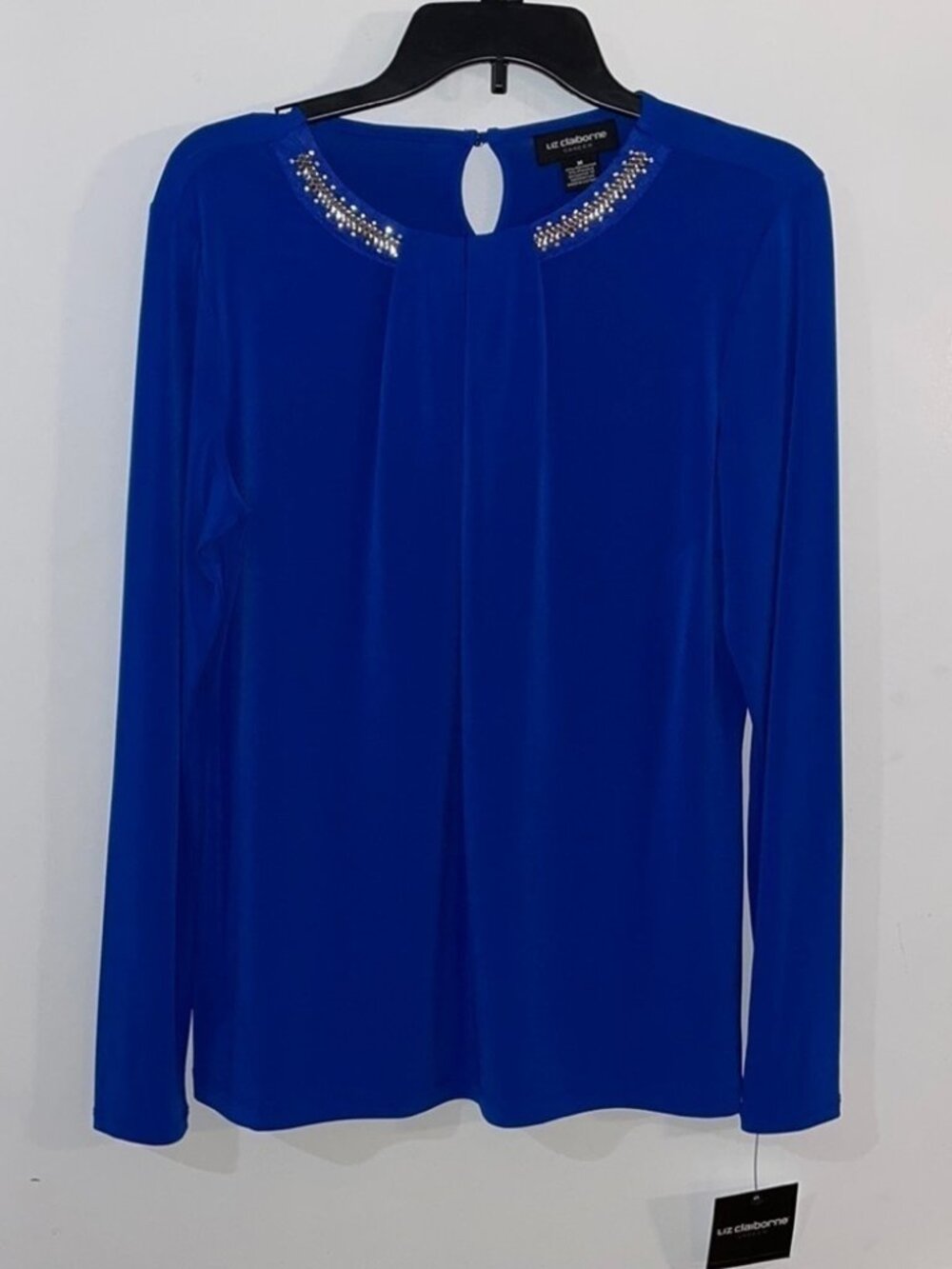 NWT LIZ CLAIBORNE NEW M  bold blue long sleeve blouse,rhinestones round neck